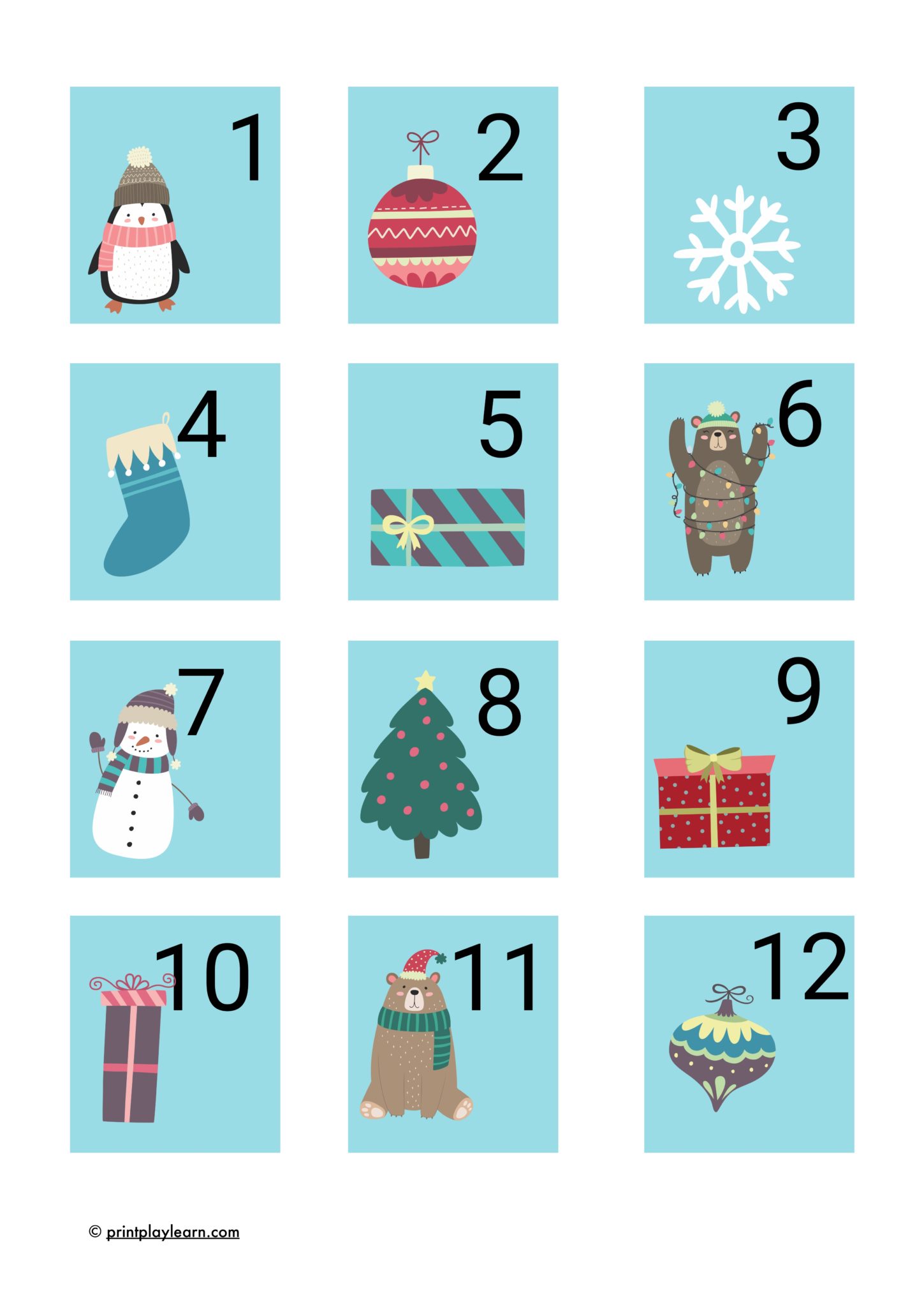 advent calendar numbers 1-24 christmas - printable teaching